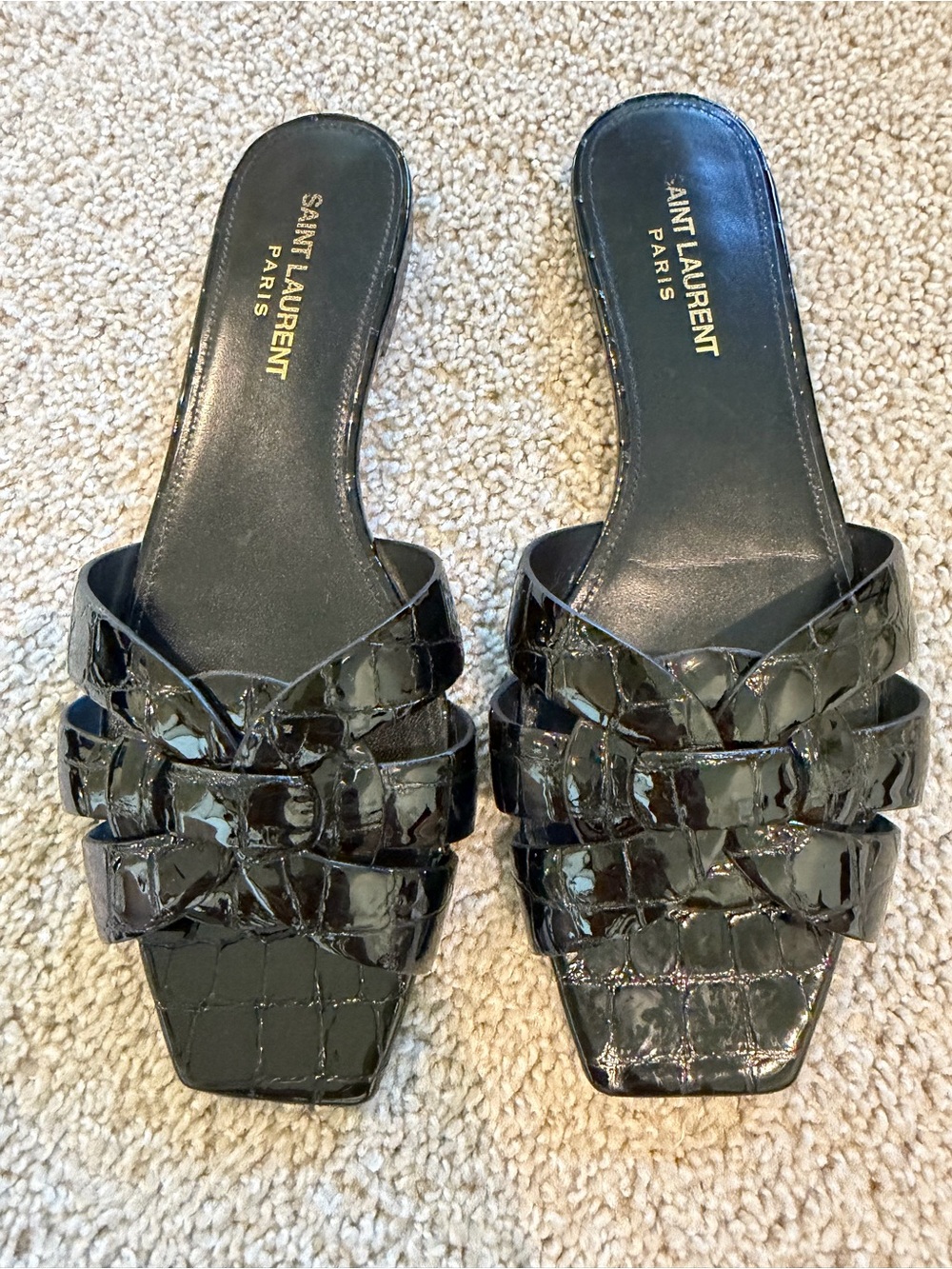Bally Black Patent Croc-Embossed Slide Sandals.